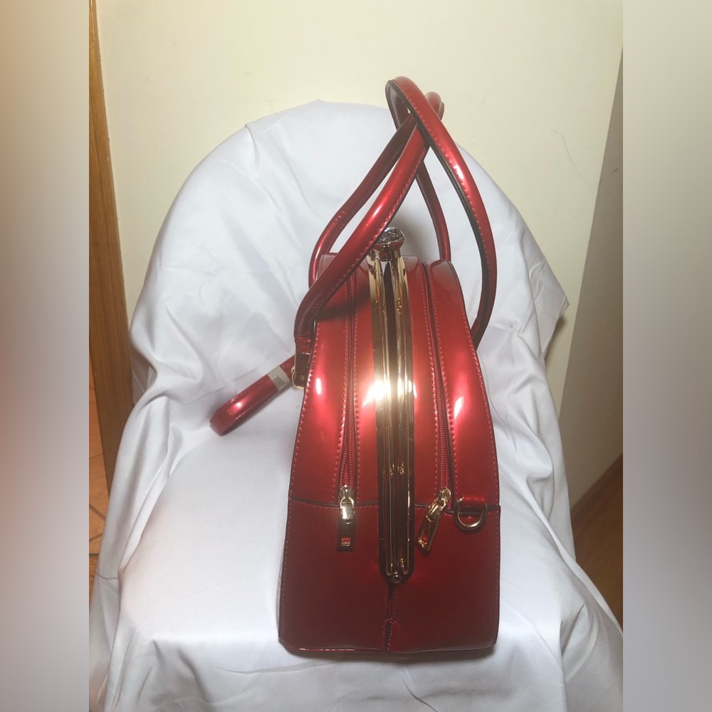 Red Floral Patent Dome Handbag with Gold Accents - Picture 4 of 8